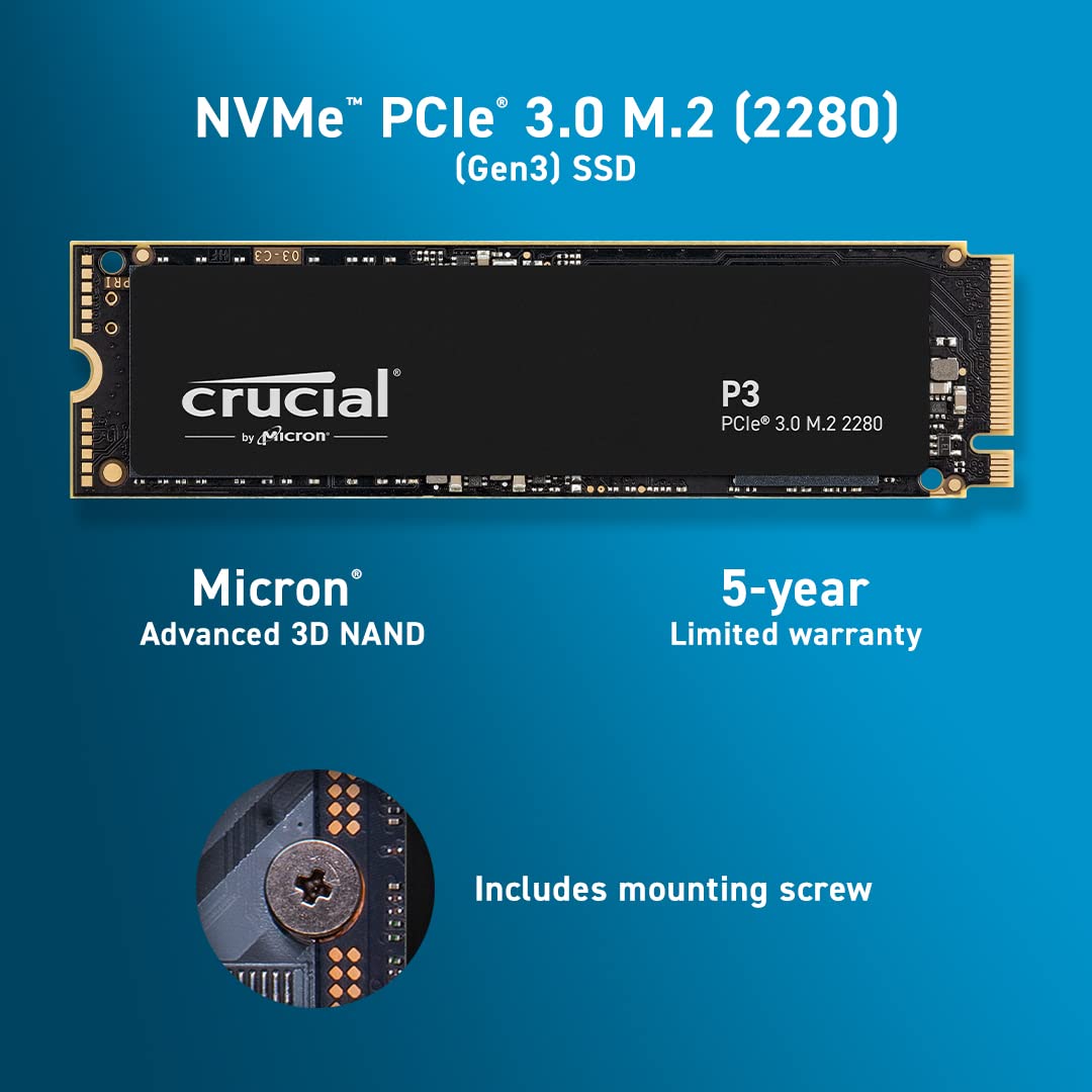 Crucial P3 NVME PCIe M.2 SSD Gen 3.0 3D NAND up to 3500MB/s | 500GB 1TB 2TB 4TB Capacity Crucial P3 NVME PCIe M.2 SSD Gen 3.0 3D NAND up to 3500MB/s | 500GB 1TB 2TB 4TB Capacity